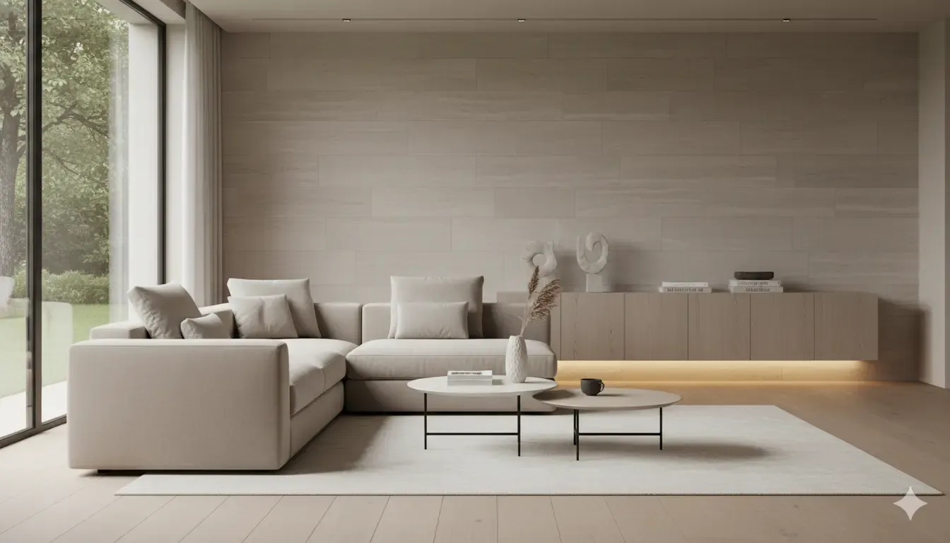 Lichte hoekbank met kussens, ronde tafels en zacht tapijt in een lichte woonkamer. Scandinavisch design met natuurlijk licht en neutrale kleuren.