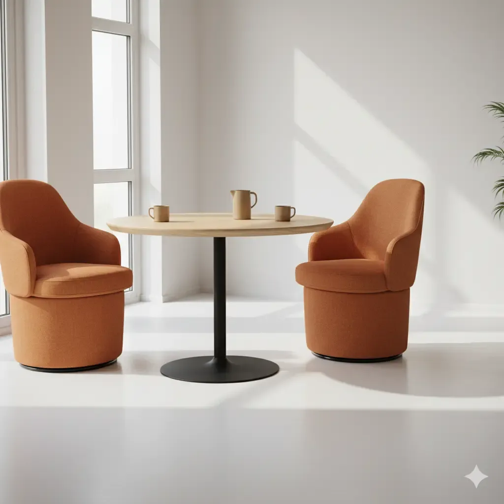 Twee oranje stoelen en een houten tafel met zwarte voet in een lichte ruimte. Scandinavisch design met zacht licht en minimalistische uitstraling.