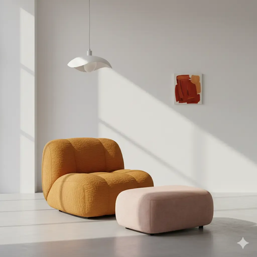 Lage hoekopstelling met mosterdgele fauteuil en roze voetenbank. Minimalistisch interieur met zachte belichting en Scandinavisch design.