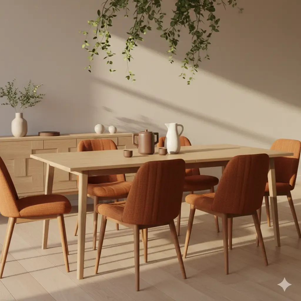 Eetkamer met houten tafel en oranje stoelen in Scandinavisch design. Zacht licht, groene planten. Minimalistisch interieur in warme kleuren.