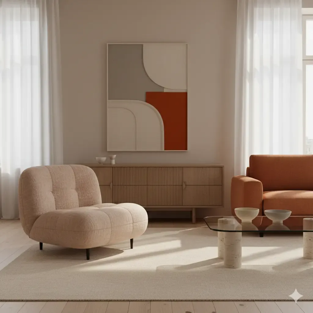 Lichte woonkamer met Scandinavisch design: beige fauteuil, oranje bank, houten dressoir en abstract schilderij. Zachte belichting.