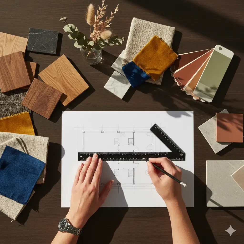 Overzicht van een interieurontwerper aan een tafel met stalen, een plattegrond, en gereedschap in warme kleuren en zachte belichting.