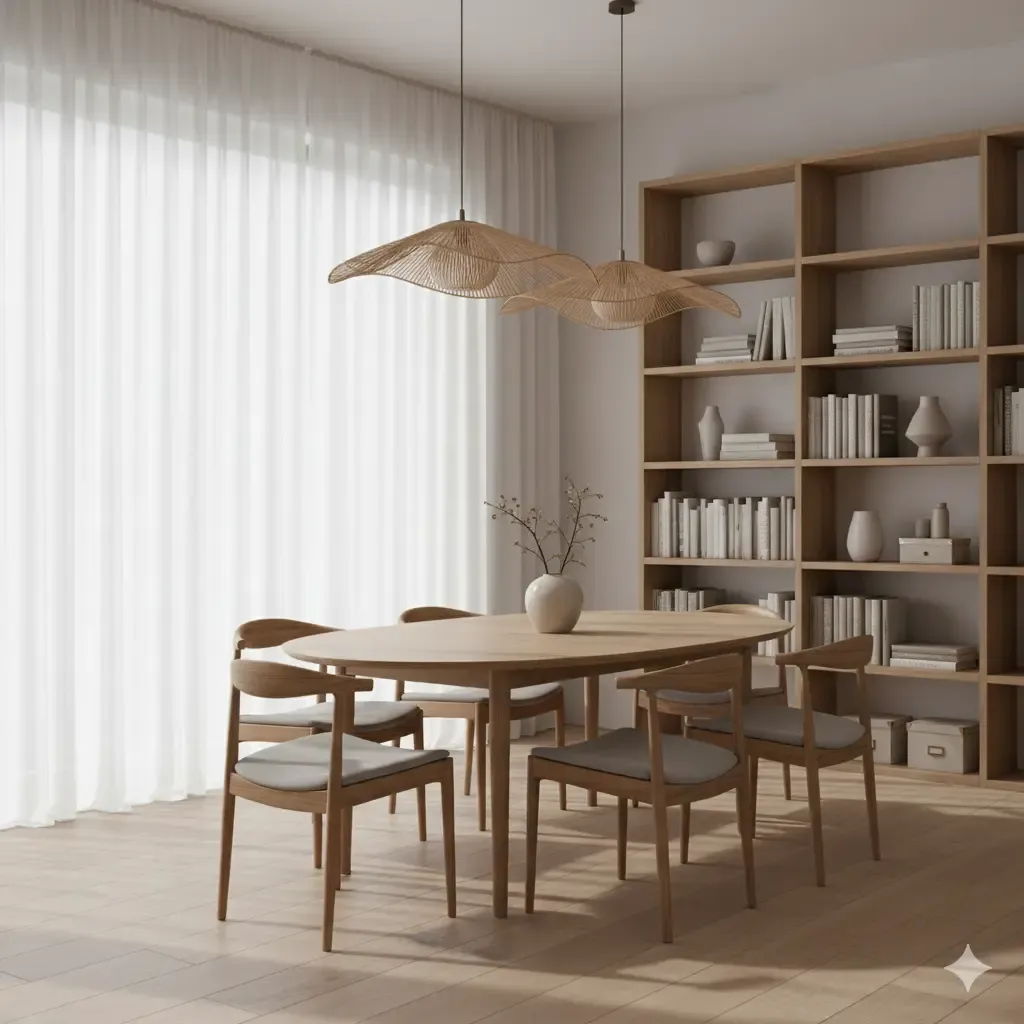 Lichte houten eettafel met stoelen, Scandinavisch design. Zachte belichting, gordijnen en boekenkast op de achtergrond. Minimalistisch.
