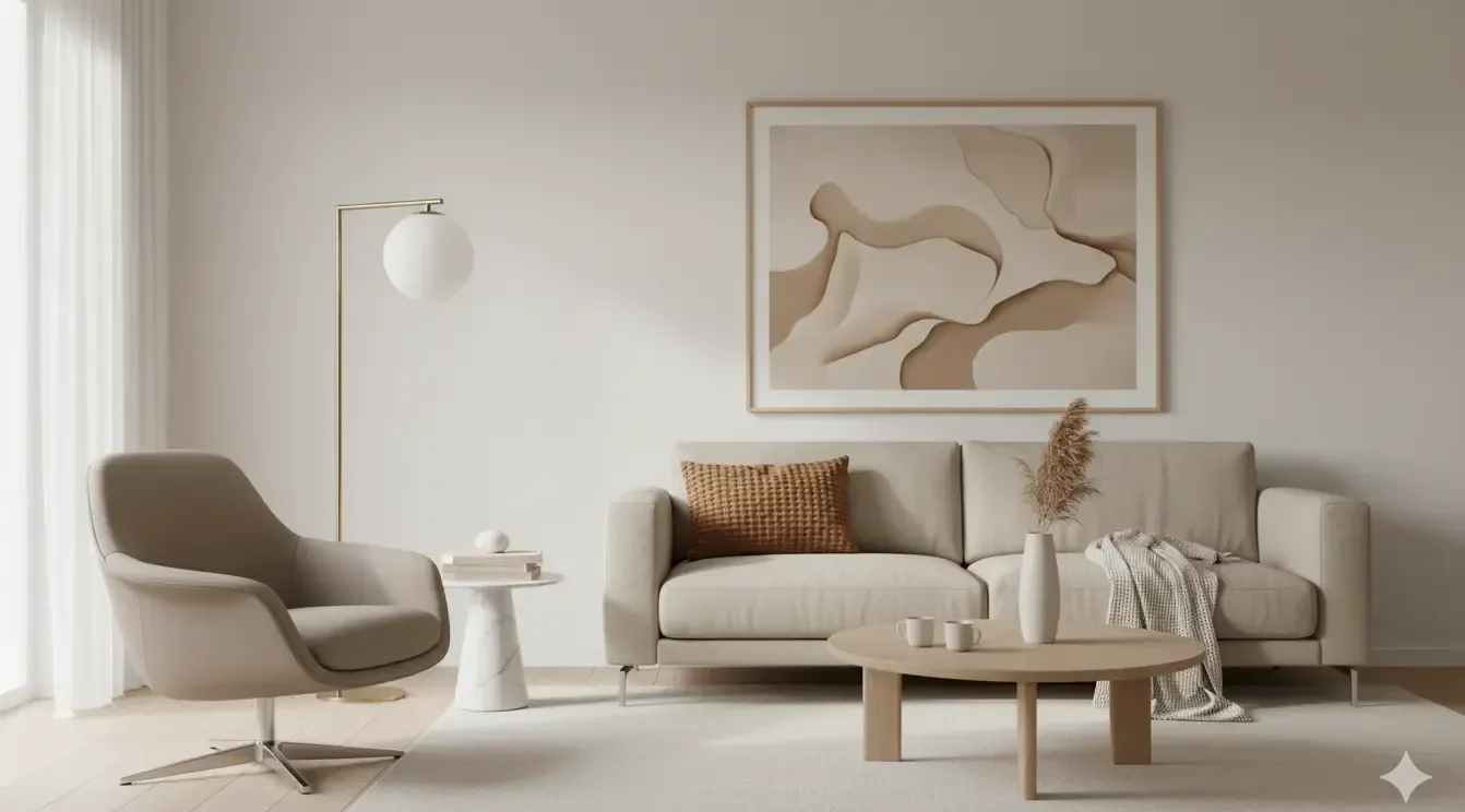 Lichte, minimalistische woonkamer met Scandinavisch design. Beige bank, draaifauteuil en houten tafel. Zachte, natuurlijke belichting en neutrale kleuren.