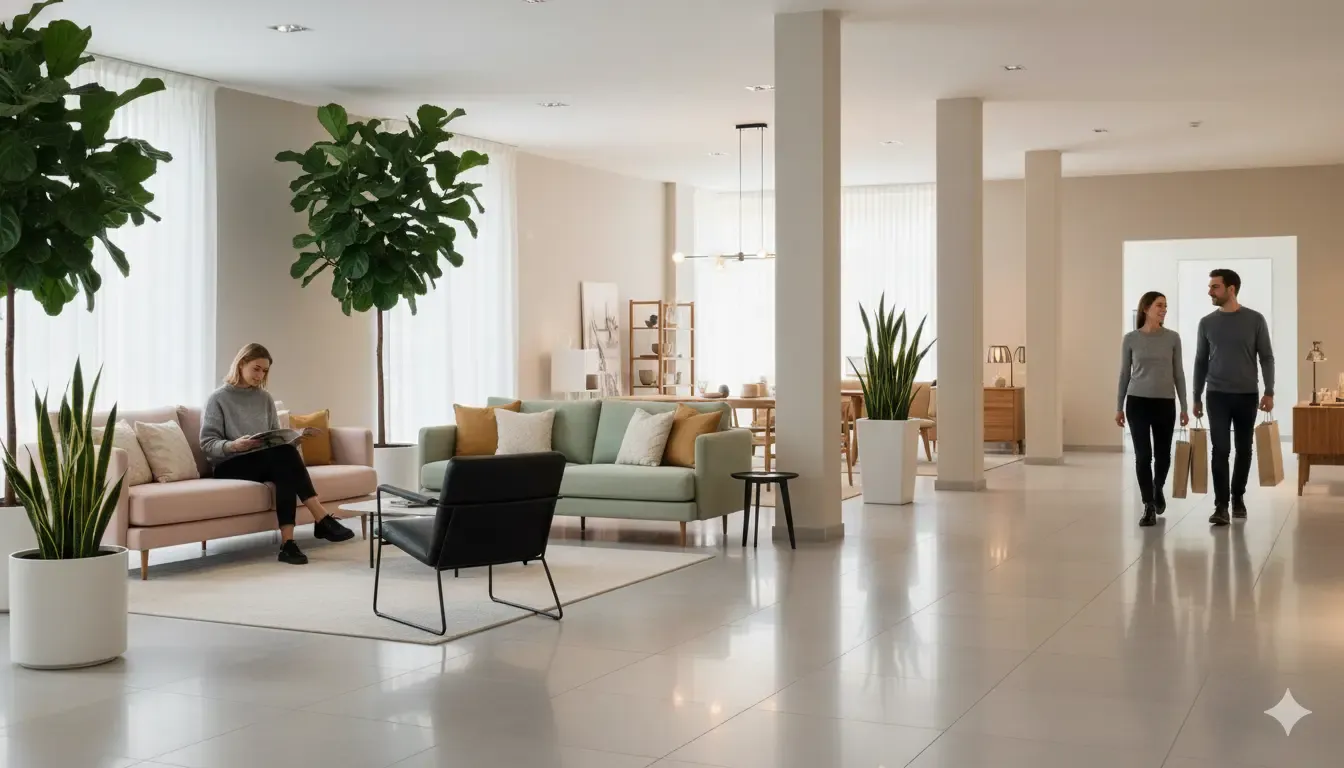 Lichte, moderne Nieuwesfeer lobby met zachte kleuren. Vrouw leest op roze bank, koppel loopt met tassen. Grote planten en strakke lijnen.