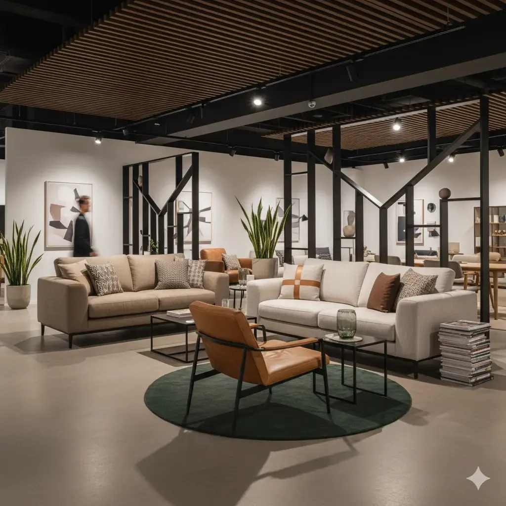 Interieur van Nieuwesfeer met beige banken, een bruine leren stoel op een groen rond vloerkleed. Houten plafond en zacht licht.