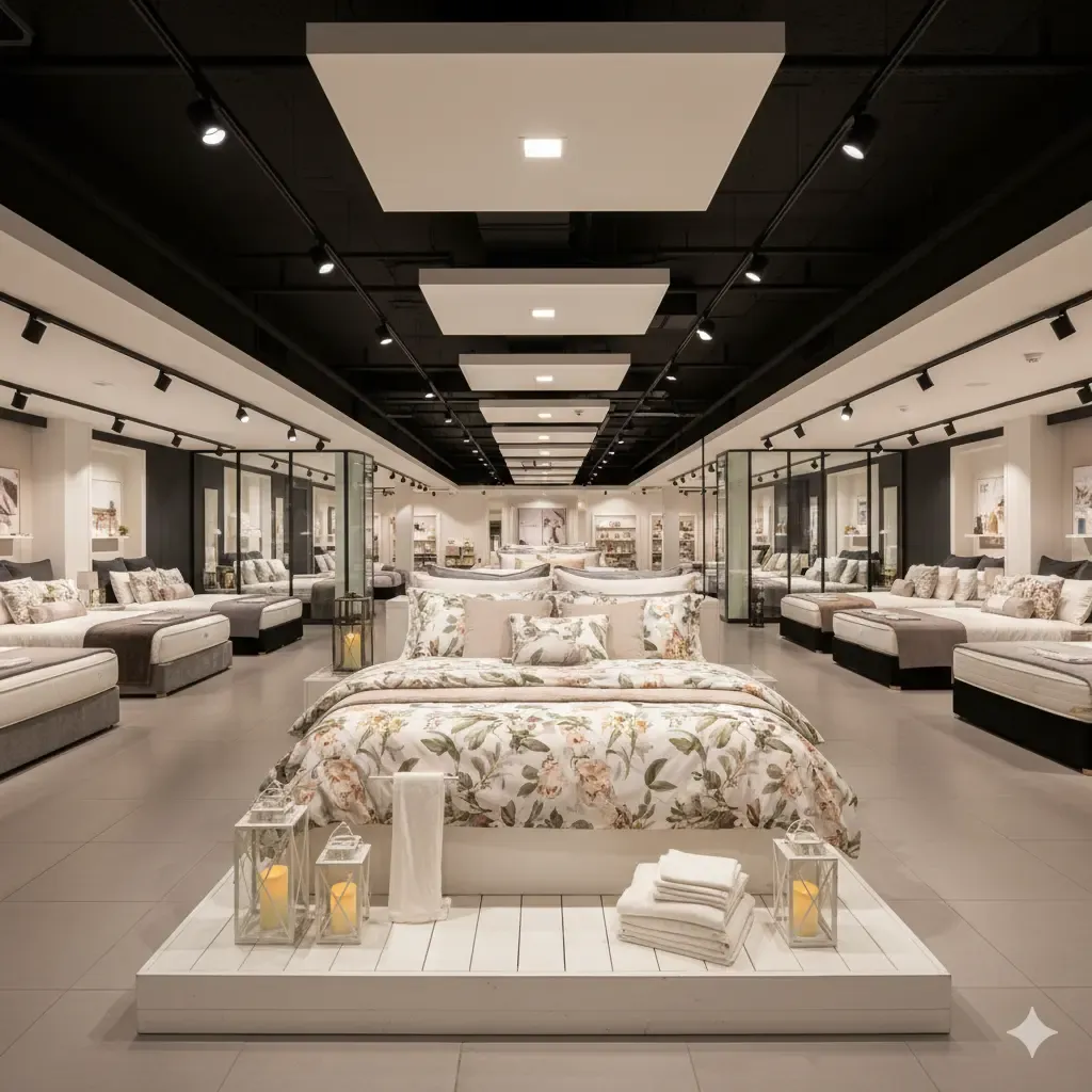 Interieur Nieuwesfeer toont bedden met bloemmotief in een winkel. Zwart plafond met witte vierkante lampen, grijze vloer en zacht licht.