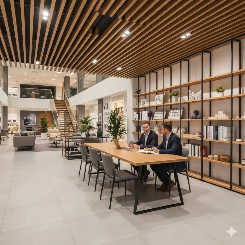Twee mannen in pak aan een houten tafel in een lichte, moderne ruimte met houten plafond en grote boekenkast. Neutrale kleuren en zachte belichting.