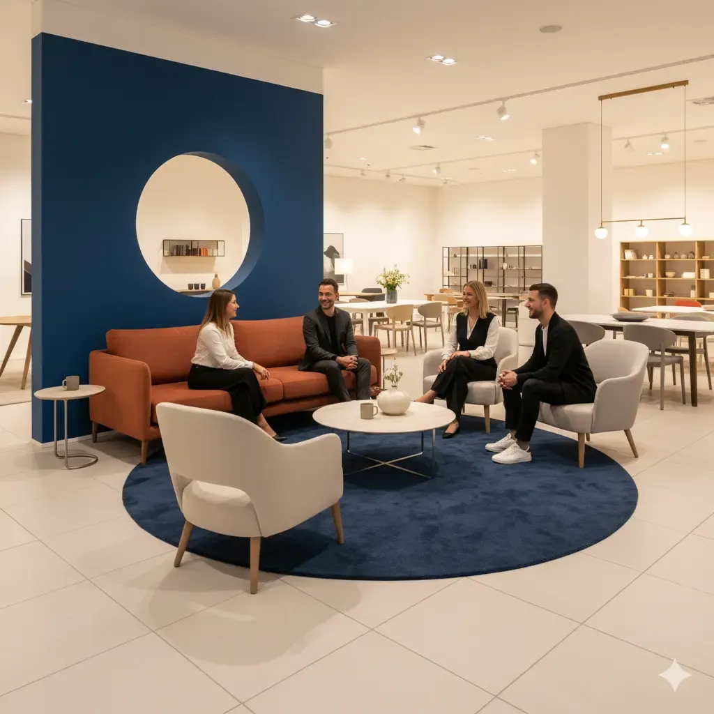 Nieuwesfeer interieur: vier mensen in een lichte ruimte met blauwe accentmuur en oranje bank. Zachte, warme kleuren en moderne meubels.