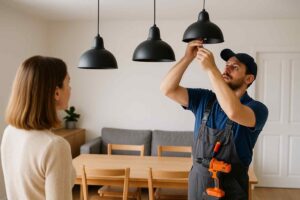 Installateur monteert zwarte hanglamp boven houten eettafel. Vrouw kijkt toe. Lichte muren, grijze bank. Comfortabel design in woonkamer.
