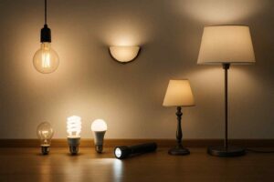 Diverse lichtbronnen op een rij: gloeilamp, spaarlamp, ledlamp, wandlamp, tafellamp en zaklamp. Warm, sfeervol licht in de woonkamer.