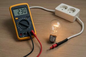 Multimeter met snoeren, stopcontact en gloeilamp op houten ondergrond. De lamp brandt helder. Testen van elektriciteit.