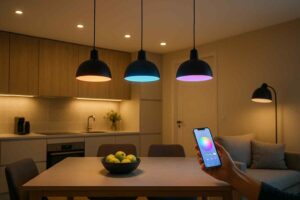 Slimme hanglampen boven een tafel met fruit; een hand bedient een telefoon met kleurenscherm. Warme sfeerverlichting in de woonkamer.