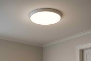 Woonkamer plafondlamp LED, ronde vorm. De lamp geeft helder wit licht en is gemonteerd tegen een wit plafond in een kamer met grijze muren.