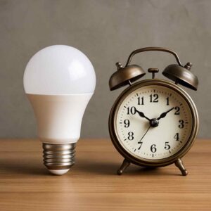 Een witte LED-lamp naast een bronzen wekker op een houten tafel. Zachte belichting. Grijze achtergrond. Duurzaam design voor jouw woonkamer.