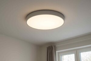 Een ronde LED plafondlamp straalt helder wit licht in een kamer met witte muren. Het design is modern en minimalistisch, passend bij een comfortabele woonkamer.