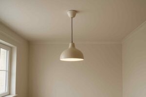 Beige design hanglamp aan plafond in lichte kamer. De lamp heeft een zachte, afgeronde vorm en geeft warm licht. Comfort en design in huis.