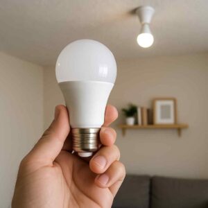 Hand houdt witte LED-lamp vast, binnenshuis. Zachte belichting, neutrale kleuren. Plafondlamp en decoratie op de achtergrond.