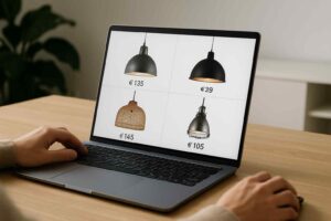 Laptop toont online hanglampen vergelijking, prijzen variëren. Houten tafel, zachte belichting. Handen typen, comfort en design voor woonkamer.