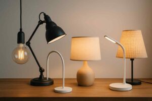Diverse lampen op houten tafel. Zwart, wit en beige tinten. Design lamp met gloeilamp, verstelbare bureaulamp en lampen met stoffen kap.