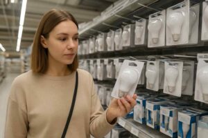 Vrouw bekijkt een witte lamp in verpakking in een winkel. Heldere verlichting, focus op de lamp en de vrouw. Achtergrond met rijen lampen. Design.