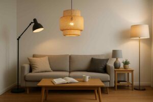 Sfeervolle woonkamer met een comfort zitbank, houten salontafel met boek en mok, en diverse lampen waaronder een rotan hanglamp.