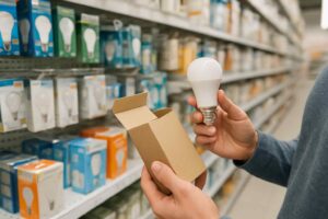 Een persoon bekijkt een LED-lamp in een winkel. De lamp wordt vergeleken met de verpakking. Achtergrond: schappen vol lampen. Design voor woonkamer.