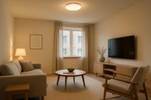 Lichte woonkamer met beige zitbank, houten tafel en tv-meubel. Zachte kleuren en natuurlijk licht voor een comfortabel design.