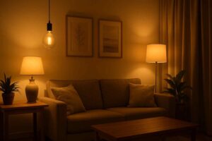 Gezellige woonkamer met zachte verlichting. Een comfortabele zitbank, houten tafels, lampen en decoratieve elementen zorgen voor sfeer.