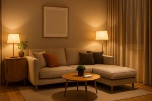 Sfeervolle woonkamer met beige design zitbank, houten bijzettafel en ronde salontafel. Warm licht van de lampen en gordijnen.