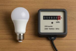 Close-up van een witte LED-lamp en een grijze kWh-meter op een houten ondergrond. De meter toont 0008377 kWh. Neutrale belichting.