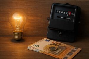 Stilleven met gloeilamp, elektriciteitsmeter en eurobiljetten op een houten ondergrond. Warm licht benadrukt de kosten van energie.