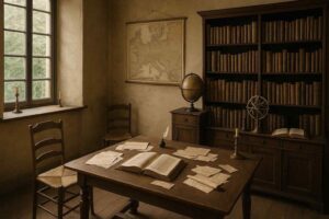 Een bruine kamer met houten bureau, stoelen en boekenkast vol boeken. Een wereldkaart hangt aan de muur. Zacht licht door groot raam.