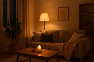 Woonkamer interieur met comfort zitbank en warme verlichting. Een kaars op de tafel, zachte kussens en een vloerlamp zorgen voor sfeer.