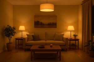 Gezellige woonkamer met zandkleurige zitbank en warme verlichting. Houten tafels en planten zorgen voor een huiselijke sfeer.