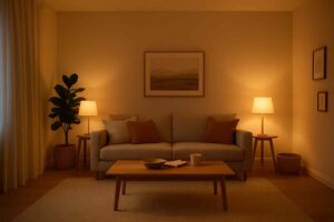 Woonkamer met een zandkleurige design zitbank, houten salontafel en warme verlichting van tafellampen. Een schilderij aan de muur.