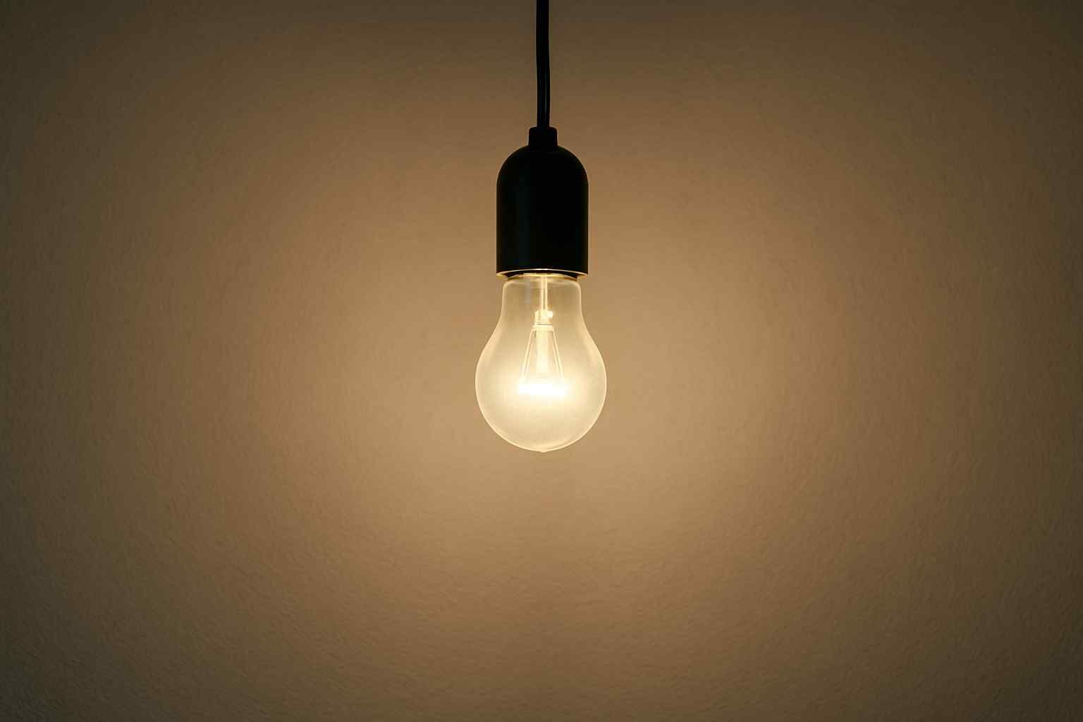 Een gloeilamp met zwart snoer en fitting tegen een beige achtergrond. Warm licht schijnt op de muur. Design voor jouw woonkamer.
