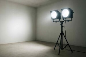 Twee heldere lampen op een statief in een lege kamer, witte muren en betonnen vloer. Sterke belichting, comfort en design in de ruimte.