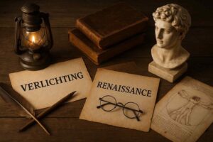 Stilleven met een olielamp, boeken, buste en documenten met Verlichting en Renaissance op een houten tafel, warme belichting.