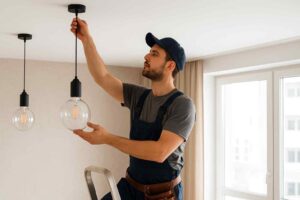 Installateur monteert hanglamp in lichte kamer. Twee lampen met heldere, ronde gloeilampen hangen aan het plafond. Comfort en design.