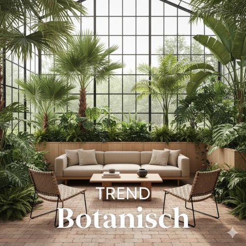 Botanische woontrend: licht interieur met beige bank en houten tafel, omringd door weelderige groene planten en palmen in een serre met zwart stalen frame.