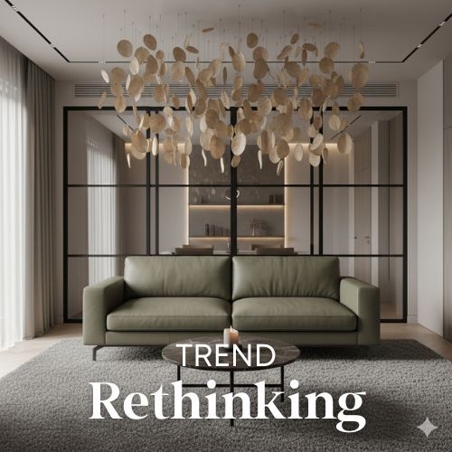 Woonkamer interieur met groene bank, ronde tafel en opvallende gouden lamp. Zachte grijze tinten en strakke lijnen. Moderne woontrends.