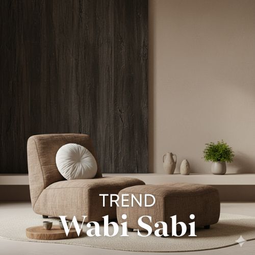 Zachte, bruine fauteuil met poef en wit kussen. Houten achterwand en beige muur. Minimalistisch interieur, natuurlijk licht. Woontrends.