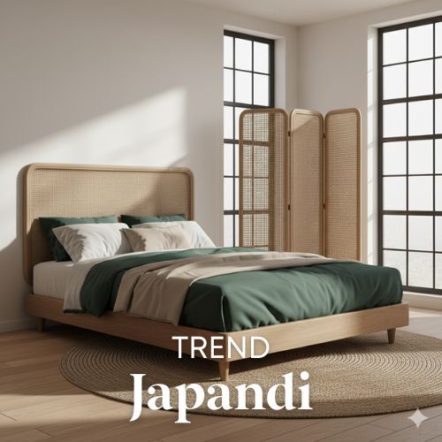 Slaapkamer met houten bedframe, groen beddengoed en rotan hoofdeinde. Zachte belichting, lichte muren en houten vloer. Woontrends.