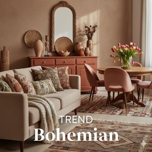 Bohemian woontrend: zachte bank met kussens en een kleed met patronen. Houten eettafel met roze stoelen en een spiegel aan de muur.