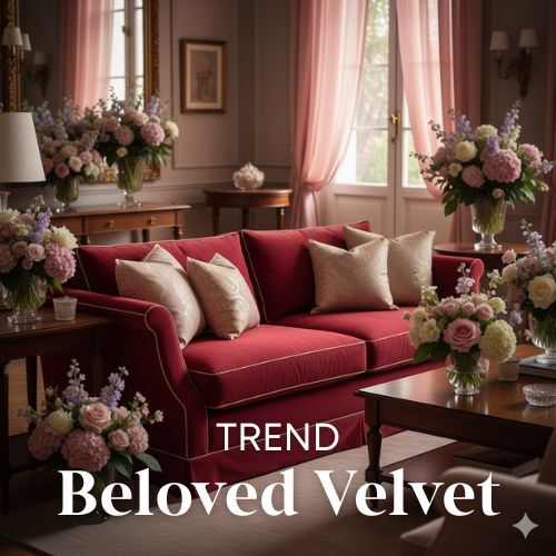 Rode fluwelen bank met beige kussens in een kamer met houten tafels en bloemstukken. Zachte, diffuse verlichting. Woontrends.