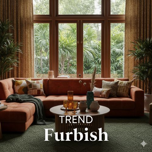 Woonkamer met oranje hoekbank, houten tafel en planten. Grote ramen met veel groen buiten. Warme kleuren en natuurlijke lichtinval.