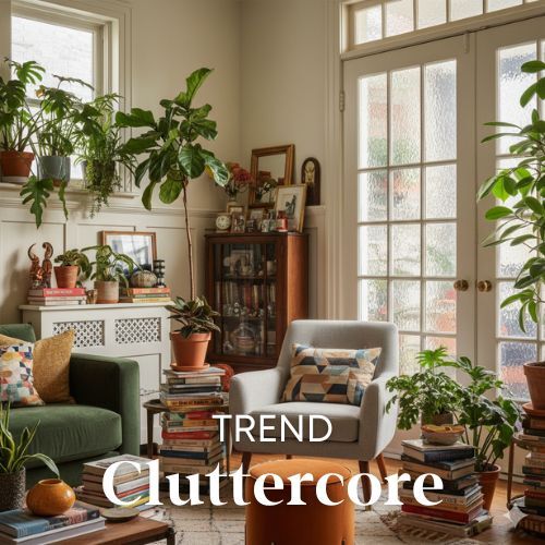 Een interieur met woontrends, veel planten en boeken in een kamer met natuurlijk licht. Groene bank en grijze stoel met een oranje kruk.