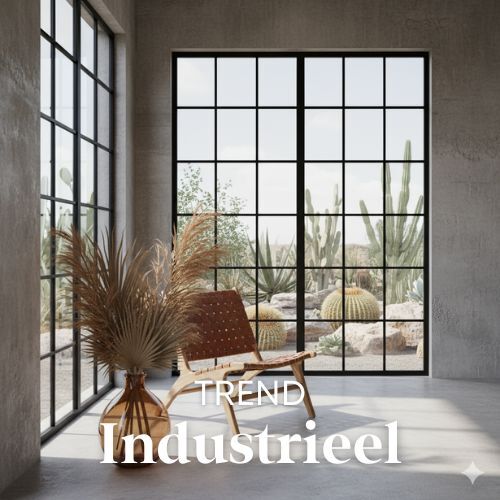Industriële woontrend: kamer met betonnen vloer en muren, grote ramen met uitzicht op cactustuin. Bruine leren stoel en vaas met pluimen.
