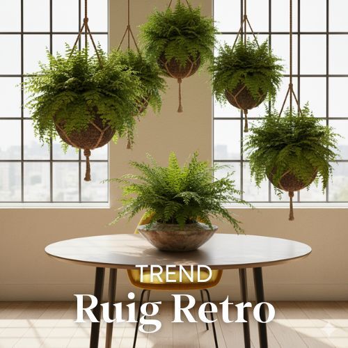 Hangplanten in macramé bij een raam, een woontrend. Ronde tafel met een plant in het midden. Zachte, natuurlijke kleuren en diffuus licht.